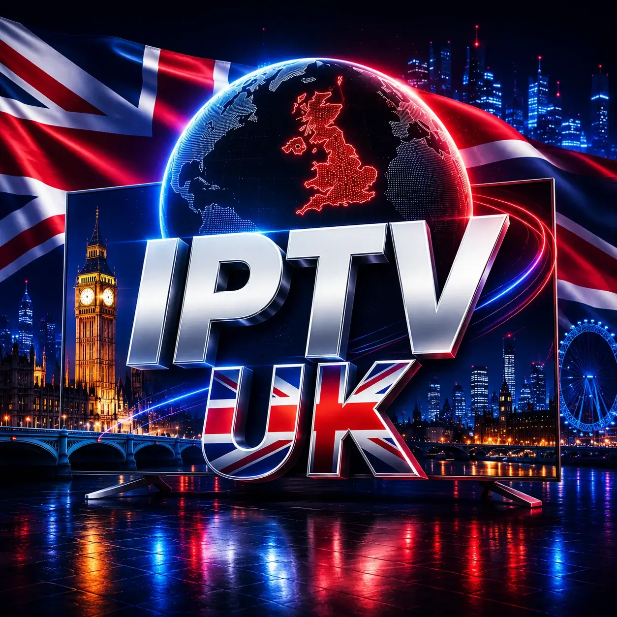 Illustrative UK IPTV artwork with a Union Jack, London landmarks and IPTV lettering