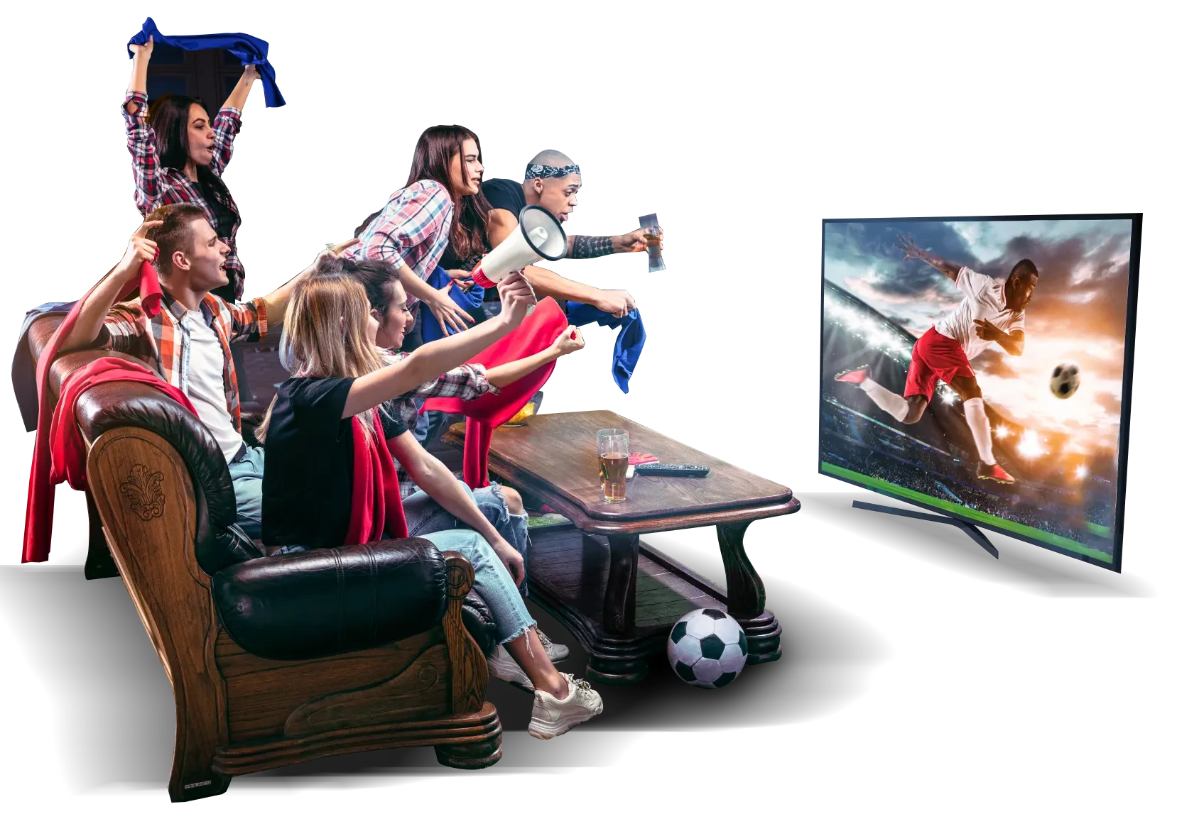 Illustrative living-room scene showing people watching a television
